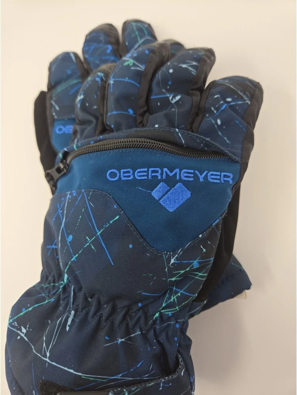Obermeyer Teens L Winter Ski Gloves Wrist Length Blue Teal Zipper Pocket Lined